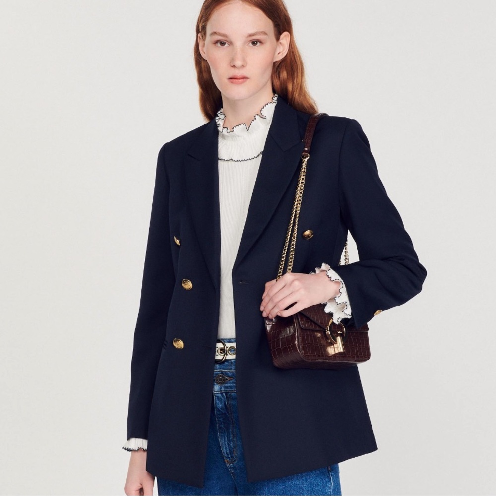 SANDRO Double-breasted Wool Blend Navy Blue Gold Button Blazer Jacket NWOT